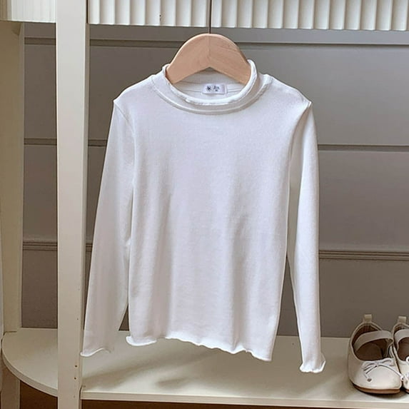 ZHOGXU Big Child Girls Basic Tee Long Sleeve Turtleneck Solid Color Soft Comfortable Casual Tops For Fall Winter Daily Wear White 6-7 Years