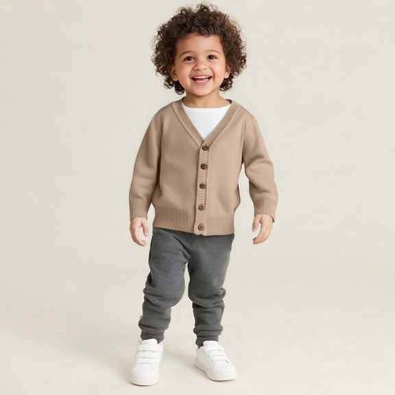 ZHOGXU Big Child Girls Boys Cardigan Long Sleeve V Neck Open Front Button Knitted Solid Color Elegant Fashion Casual Top For Daily Wear Khaki 5-6 Years
