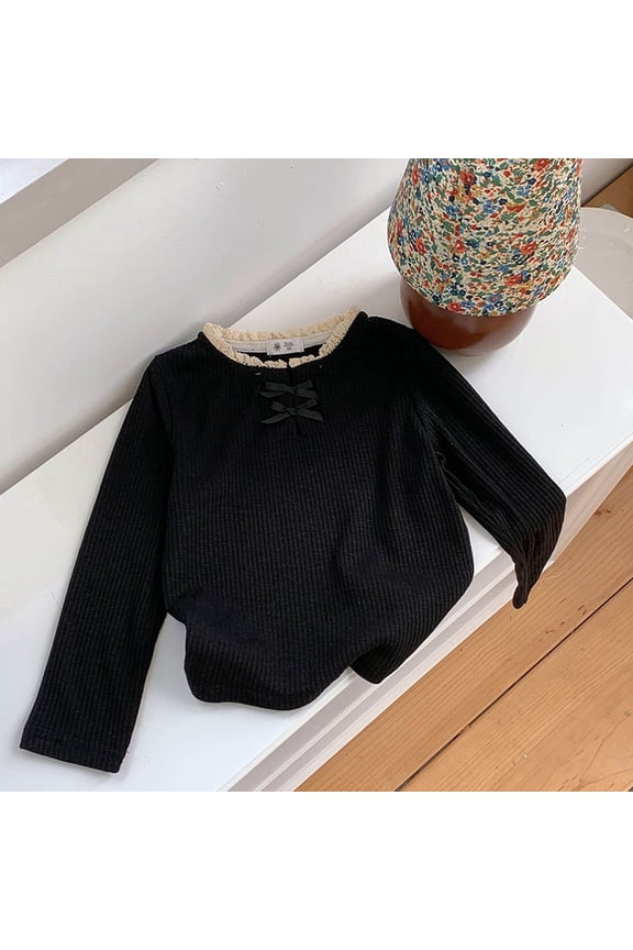 Big Child Girls Shirt Long Sleeve Round Neck Cute Bow Lace Trim Elegant Fashion Casual Blouse Top For Daily Wear Black 5-6 Years
