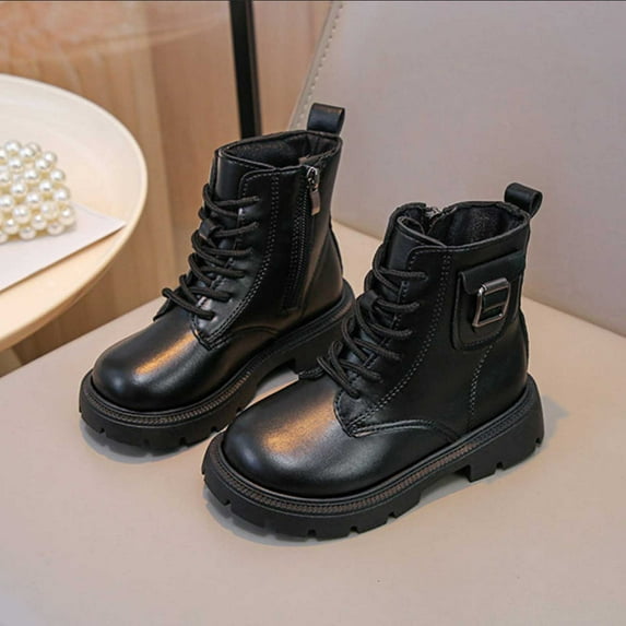ZHOGXU Big Girls Ankle Boots Flat Sole Soft Sole Non Solid Color Zipper Lace Up Comfortable Fashion Shoes For Casual Daily Wear Black 11-12 Years