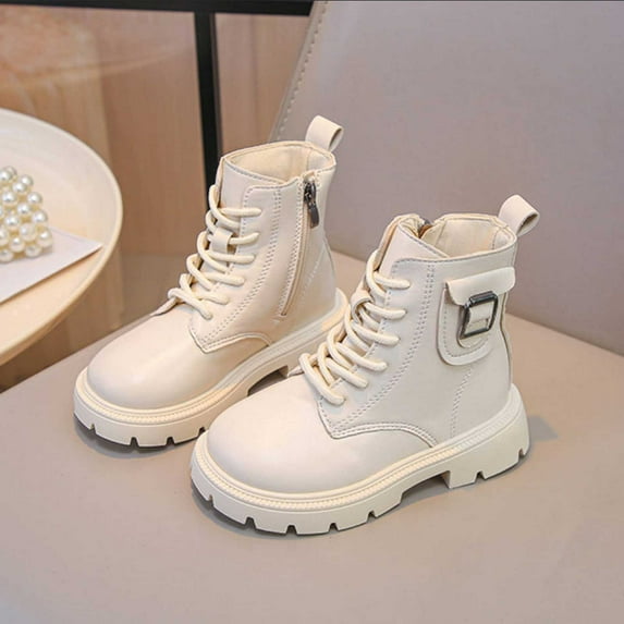 ZHOGXU Big Girls Ankle Boots Flat Sole Soft Sole Non Slip Solid Color Zipper Lace Up Comfortable Fashion Shoes For Casual Daily Wear Beige 3-4 Years