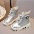 thumbnail image 1 of ZHOGXU Big Girls Ankle Boots Flat Sole Soft Sole Non Solid Color Zipper Lace Up Comfortable Fashion Shoes For Casual Daily Wear Silver 6-7 Years, 1 of 7