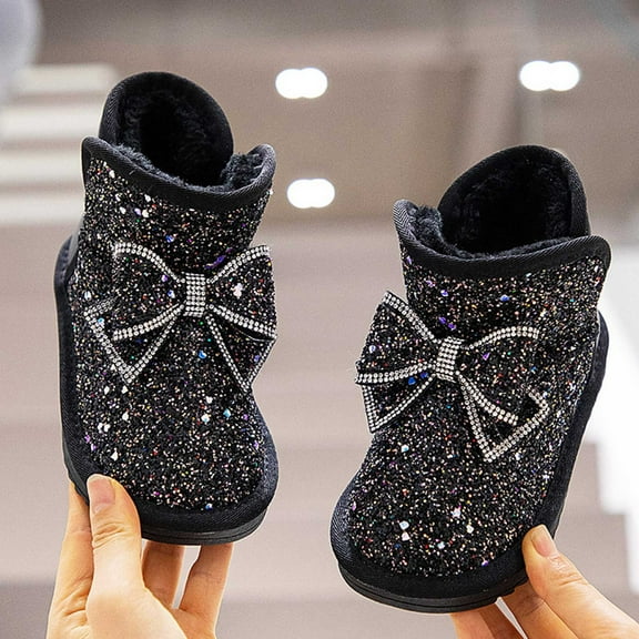 ZHOGXU Big Girls Boots Flat Sole Soft Sole Non Slip Bow Rhinestone Design Plush Comfortable Fashion Shoes For Casual Daily Wear Black 4-4.5 Years