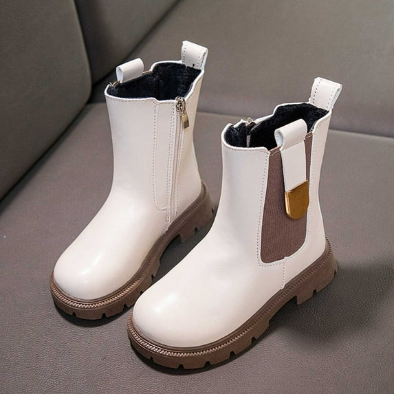 ZHOGXU Big Girls Boots Flat Sole Soft Sole Non Slip Color Block Side Zipper Comfortable Fashion Shoes For Casual Daily Wear White 13-14 Years