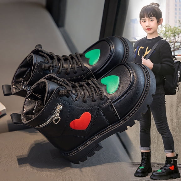 ZHOGXU Big Girls Boots Flat Sole Soft Sole Non Slip Love Heart Print Lace Up Zipper Comfortable Fashion Shoes For Casual Daily Wear Black 8-9 Years