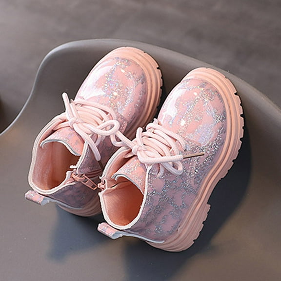 ZHOGXU Big Girls Boots Flat Sole Soft Sole Non Slip Print Side Zipper Lace Up Comfortable Fashion Shoes For Casual Daily Wear Pink 22