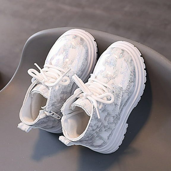 ZHOGXU Big Girls Boots Flat Sole Soft Sole Non Slip Print Side Zipper Lace Up Comfortable Fashion Shoes For Casual Daily Wear White 28