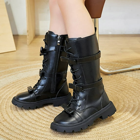 ZHOGXU Big Girls Boots Flat Sole Soft Sole Non Slip Solid Color Bow Design Lace Up Comfortable Fashion Shoes For Casual Daily Wear Black 8-9 Years
