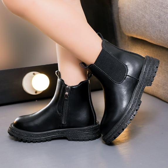 ZHOGXU Big Girls Boots Flat Sole Soft Sole Non Slip Solid Color Comfortable Fashion Shoes For Outdoor Activities Black 8-9 Years