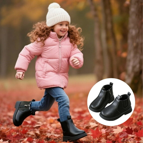 ZHOGXU Big Girls Boots Flat Sole Soft Sole Non Slip Solid Color Side Zipper Comfortable Fashion Shoes For Casual Daily Wear Black 7-8 Years