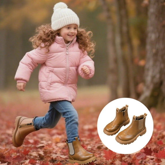 ZHOGXU Big Girls Boots Flat Sole Soft Sole Non Slip Solid Color Side Zipper Comfortable Fashion Shoes For Casual Daily Wear Brown 5-5.5 Years