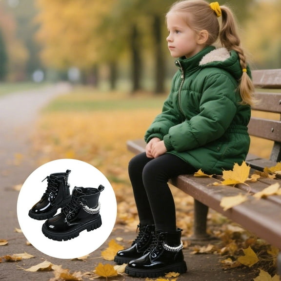 ZHOGXU Big Girls Boots Flat Sole Soft Sole Non Solid Color Side Zipper Lace Up Comfortable Fashion Shoes For Casual Daily Wear Black 10-10.5 Years