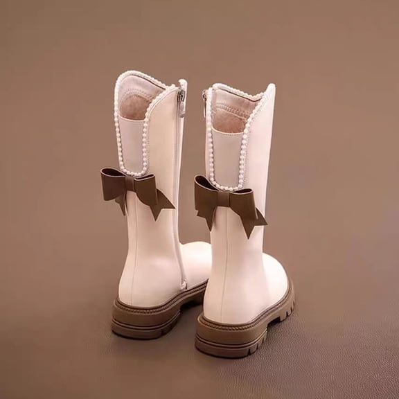 ZHOGXU Big Girls Boots Flat Sole Soft Sole Non Slip Solid Color Zipper Bow Design Comfortable Fashion Shoes For Casual Daily Wear Beige 3.5-4 Years