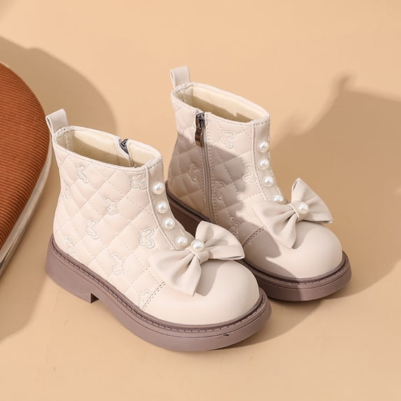ZHOGXU Big Girls Boots Flat Sole Soft Sole Non Solid Color Zipper Bow Pearl Design Comfortable Fashion Shoes For Casual Daily Wear Beige 7.5-8 Years