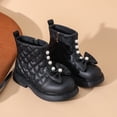 thumbnail image 1 of ZHOGXU Big Girls Boots Flat Sole Soft Sole Non Solid Color Zipper Bow Pearl Design Comfortable Fashion Shoes For Casual Daily Wear Black 7.5-8 Years, 1 of 8