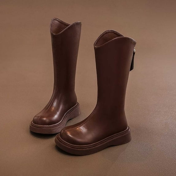 ZHOGXU Big Girls Boots Flat Sole Soft Sole Non Slip Solid Color Zipper Comfortable Fashion Shoes For Casual Daily Wear Brown 11-12 Years