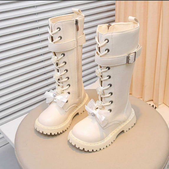 ZHOGXU Big Girls Boots Flat Sole Soft Sole Non Solid Color Zipper Lace Up Bow Design Comfortable Fashion Shoes For Casual Daily Wear Beige 5-6 Years