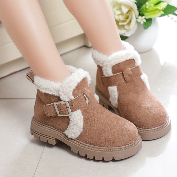 ZHOGXU Big Girls Boots Flat Sole Soft Sole Non Slip Solid Color Zipper Plush Comfortable Fashion Shoes For Casual Daily Wear Khaki 5-5.5 Years