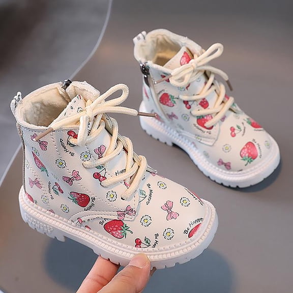 ZHOGXU Big Girls Boots Flat Sole Soft Sole Non Strawberry Print Lace Up Side Zipper Plush Comfortable Fashion Shoes For Casual Daily Wear White 26