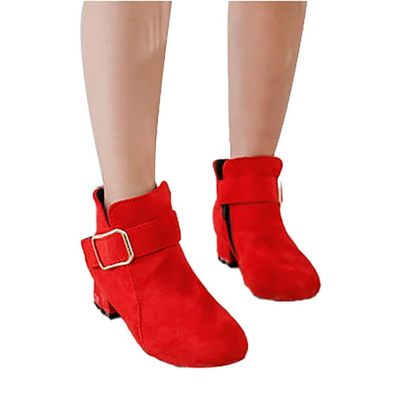 ZHOGXU Big Girls Boots High Heel Soft Sole Non Slip Solid Color Plush Comfortable Fashion Shoes For Casual Daily Wear Red 10-10.5 Years