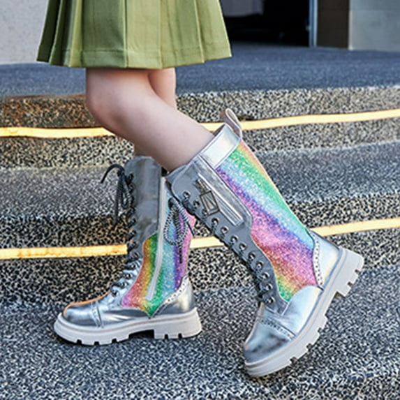 ZHOGXU Big Girls Boots Thick Heel Soft Sole Non Color Block Lace Up Side Zipper Comfortable Fashion Shoes For Casual Daily Wear Silver 9-9.5 Years