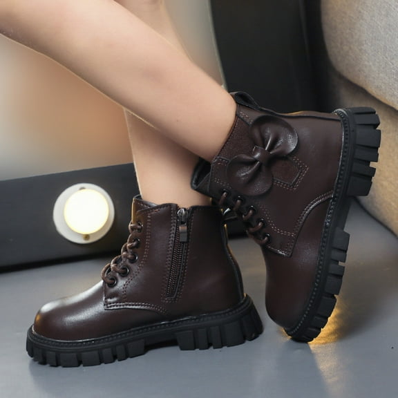 ZHOGXU Big Girls Boots Thick Heel Soft Sole Non Solid Color Lace Up Side Zipper Bow Design Comfortable Fashion Shoes For Casual Daily Wear Brown 3.5-4 Years