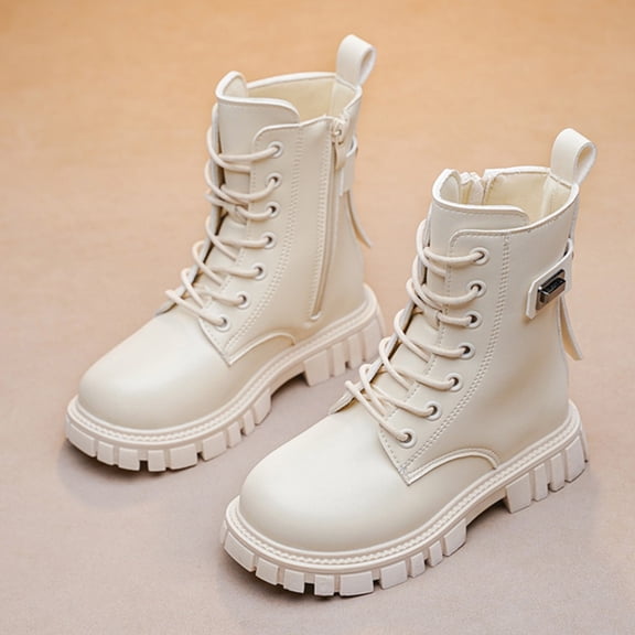 ZHOGXU Big Girls Boots Thick Heel Soft Sole Non Slip Zipper Solid Color Lace Up Comfortable Fashion Shoes For Casual Daily Wear White 4-4.5 Years