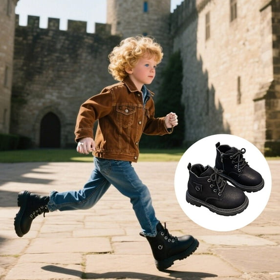 ZHOGXU Big Girls Boys Boots Flat Sole Soft Sole Non Solid Color Side Zipper Lace Up Comfortable Fashion Shoes For Casual Daily Wear Black 4-4.5 Years