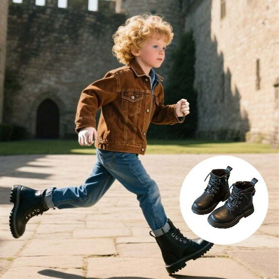 ZHOGXU Big Girls Boys Boots Flat Sole Soft Sole Non Slip Solid Color Side Zipper Lace Up Comfortable Fashion Shoes For Casual Daily Wear Black 4.5-5 Years