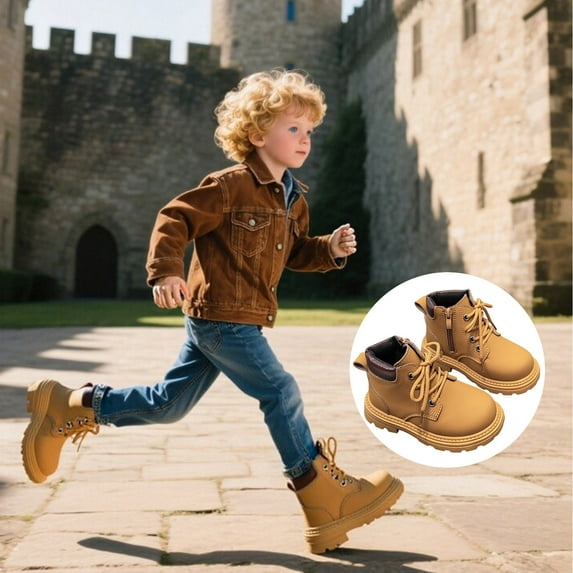 ZHOGXU Big Girls Boys Boots Flat Sole Soft Sole Non Solid Color Side Zipper Lace Up Comfortable Fashion Shoes For Casual Daily Wear Brown 5.5-6 Years