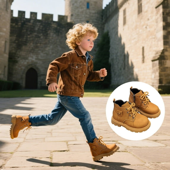 ZHOGXU Big Girls Boys Boots Flat Sole Soft Sole Non Solid Color Side Zipper Lace Up Comfortable Fashion Shoes For Casual Daily Wear Brown 8-9 Years