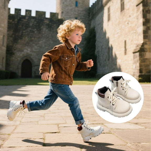 ZHOGXU Big Girls Boys Boots Flat Sole Soft Sole Non Solid Color Side Zipper Lace Up Comfortable Fashion Shoes For Casual Daily Wear White 6-6.5 Years