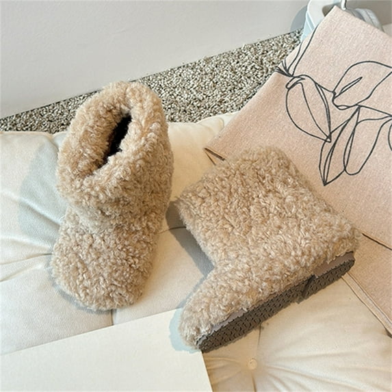 ZHOGXU Big Girls Boys Boots Solid Color Non Slip Flat Sole Fuzzy Thickened Comfortable Warm Shoes For Outdoor Activities Daily Wear Khaki 9-9.5 Years