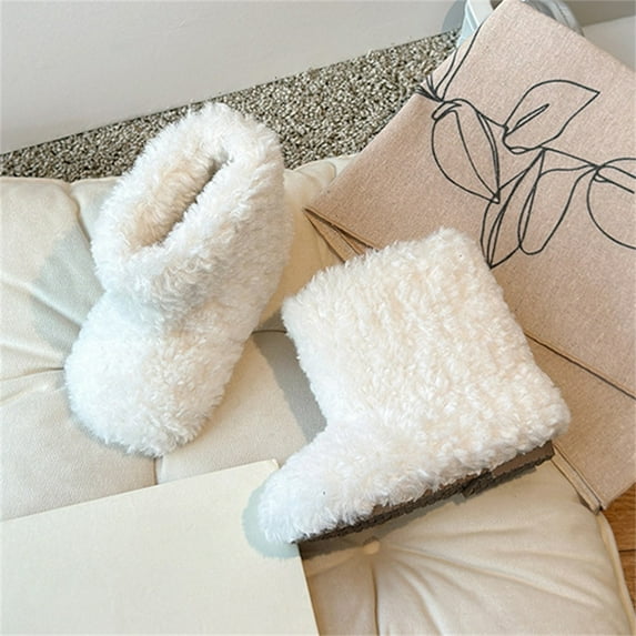 ZHOGXU Big Girls Boys Boots Solid Color Non Slip Flat Sole Fuzzy Thickened Comfortable Warm Shoes For Outdoor Activities Daily Wear White 18-24 Months