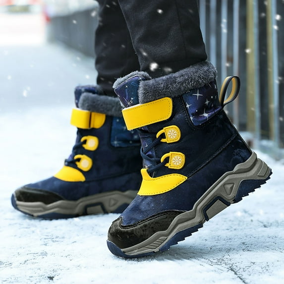 ZHOGXU Big Girls Boys Boots Thick Heel Soft Sole Non Slip Color Block Plush Warm Thickened Comfortable Fashion Shoes For Outdoor Activities Yellow 7-8 Years