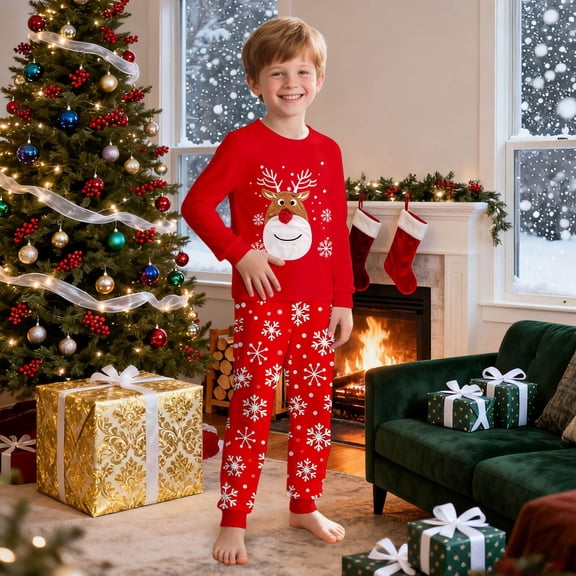 ZHOGXU Big Girls Boys Christmas Pajamas Long Sleeve Round Neck Reindeer Print Tops And Pants Comfortable Breathable Sleepwear Set Outfits For Party Multicolour 6-7 Years