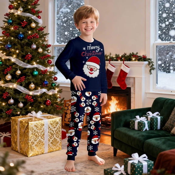 ZHOGXU Big Girls Boys Christmas Pajamas Long Sleeve Round Neck Santa Claus Print Tops And Pants Comfortable Breathable Sleepwear Set Outfits For Party Multicolour 7-8 Years