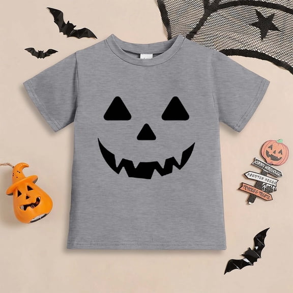 ZHOGXU Big Girls Boys Halloween T Shirt Short Sleeve Round Neck Pumpkin Face Print Comfortable Breathable Top For Party And Daily Wear Grey 6-7 Years