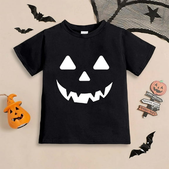 ZHOGXU Big Girls Boys Halloween T Shirt Short Sleeve Round Neck Pumpkin Face Print Comfortable Breathable Top For Party And Daily Wear Black 8-9 Years