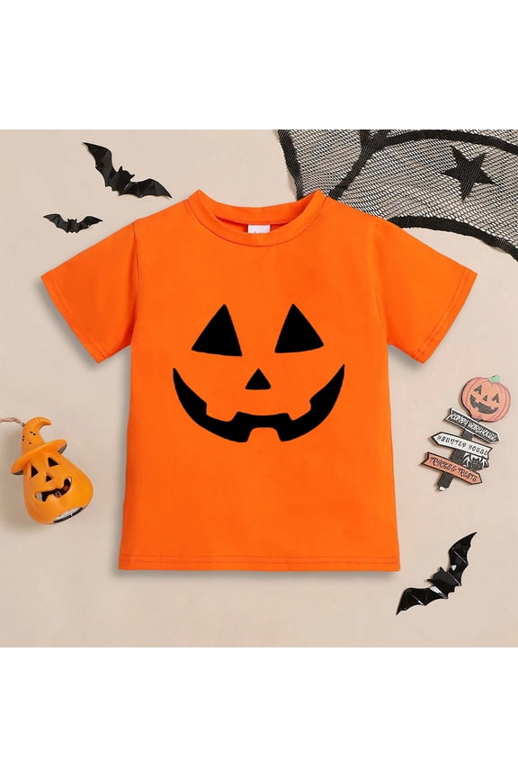 Big Girls Boys Halloween T Shirt Short Sleeve Round Neck Pumpkin Face Print Comfortable Breathable Top For Party And Daily Wear Orange 5-6 Years