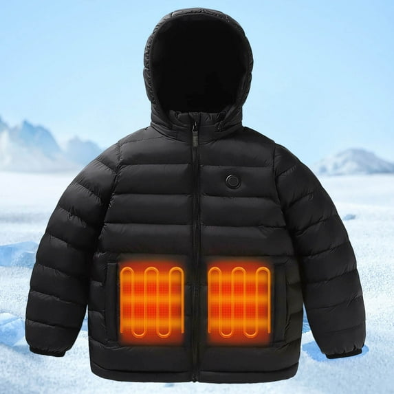 ZHOGXU Big Girls Boys Heated Hooded Jacket Long Sleeve Solid Color Rechargeable Battery Powered Warm Coat With Heating Pad For Cold Weather Outdoor Activities Black 7-8 Years