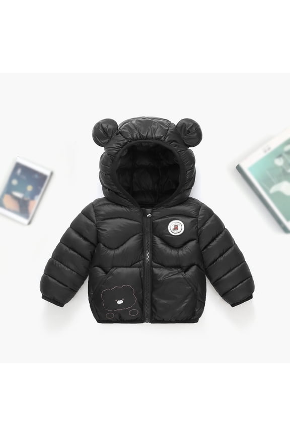 Big Girls Boys Hooded Jacket With Pocket Long Sleeve Zipper Cartoon Print Warm Lightweight Comfortable Coat For Fall Winter Daily Wear Black 6-7 Years