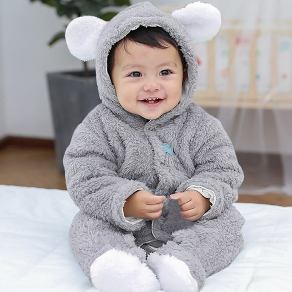 ZHOGXU Big Girls Boys Hooded Jumpsuit With Ears Long Sleeve Solid Color Buttons Plush Warm Thickened Comfortable Romper Snowsuit For Autumn Winter Daily Wear Grey 0-3 Months
