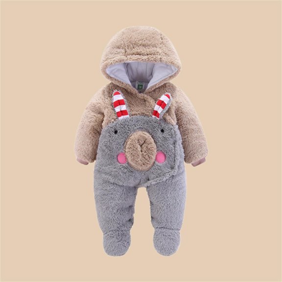 ZHOGXU Big Girls Boys Hooded Jumpsuit Long Sleeve Buttons Color Block Plush Cute Animal Design Comfortable Warm Romper Bodysuit For Autumn Winter Daily Wear Grey 8-12 Months