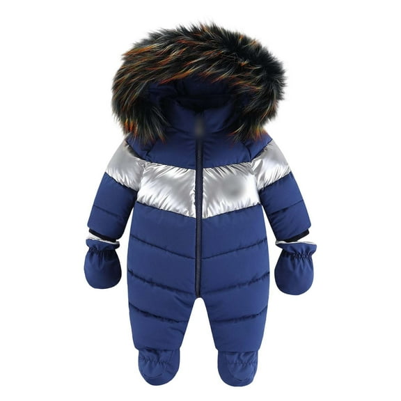ZHOGXU Big Girls Boys Hooded Jumpsuit Long Sleeve Color Block Zipper Plush Warm Thickened Comfortable Romper Snowsuit For Autumn Winter Daily Wear Navy 1-3 Months