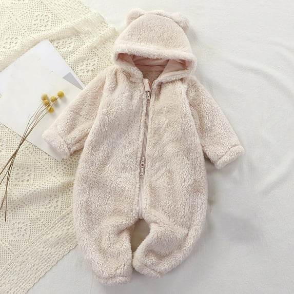 ZHOGXU Big Girls Boys Hooded Jumpsuit Long Sleeve Zipper Solid Color Plush Comfortable Warm Romper Bodysuit For Autumn Winter Daily Wear Beige 0-3 Months