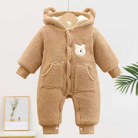 ZHOGXU Big Girls Boys Hooded Jumpsuit With Pocket Long Sleeve Buttons Plush Animal Embroidery Comfortable Warm Romper Bodysuit For Autumn Winter Daily Wear Coffee 0-3 Months