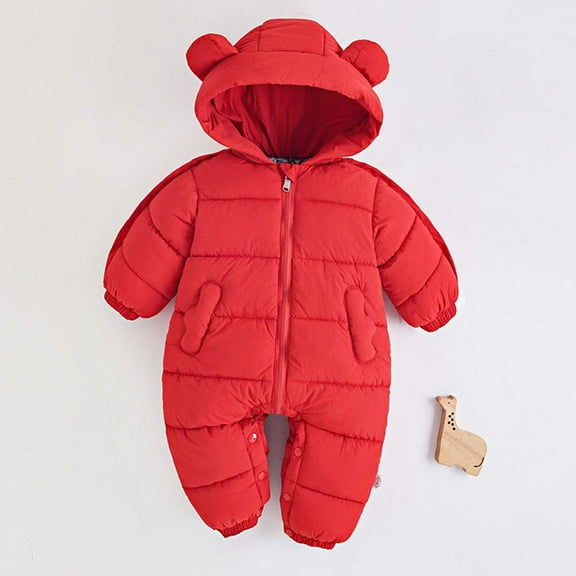 ZHOGXU Big Girls Boys Hooded Jumpsuit With Pocket Long Sleeve Zipper Solid Color Comfortable Thickened Warm Romper Bodysuit For Autumn Winter Daily Wear Red 7-12 Months