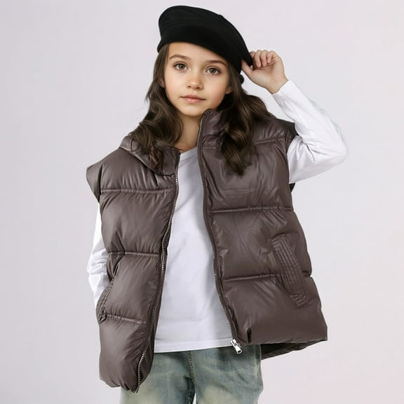 ZHOGXU Big Girls Boys Hooded Vest Jacket With Pocket Sleeveless Zipper Solid Color Warm Thickened Comfortable Coat For Fall Winter Daily Wear Coffee 15-16 Years
