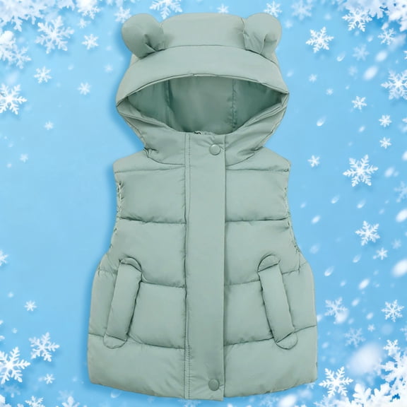 ZHOGXU Big Girls Boys Hooded Vest Jacket With Pocket Sleeveless Zipper Solid Color Warm Thickened Comfortable Coat For Fall Winter Daily Wear Green 6-7 Years